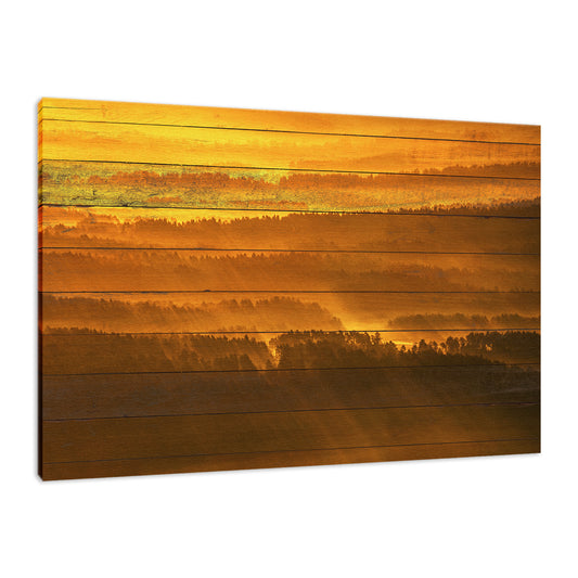 Faux Wood Golden Mist Valley - Hills & Mountain Range Fine Art Canvas Wall Art Prints  - PIPAFINEART