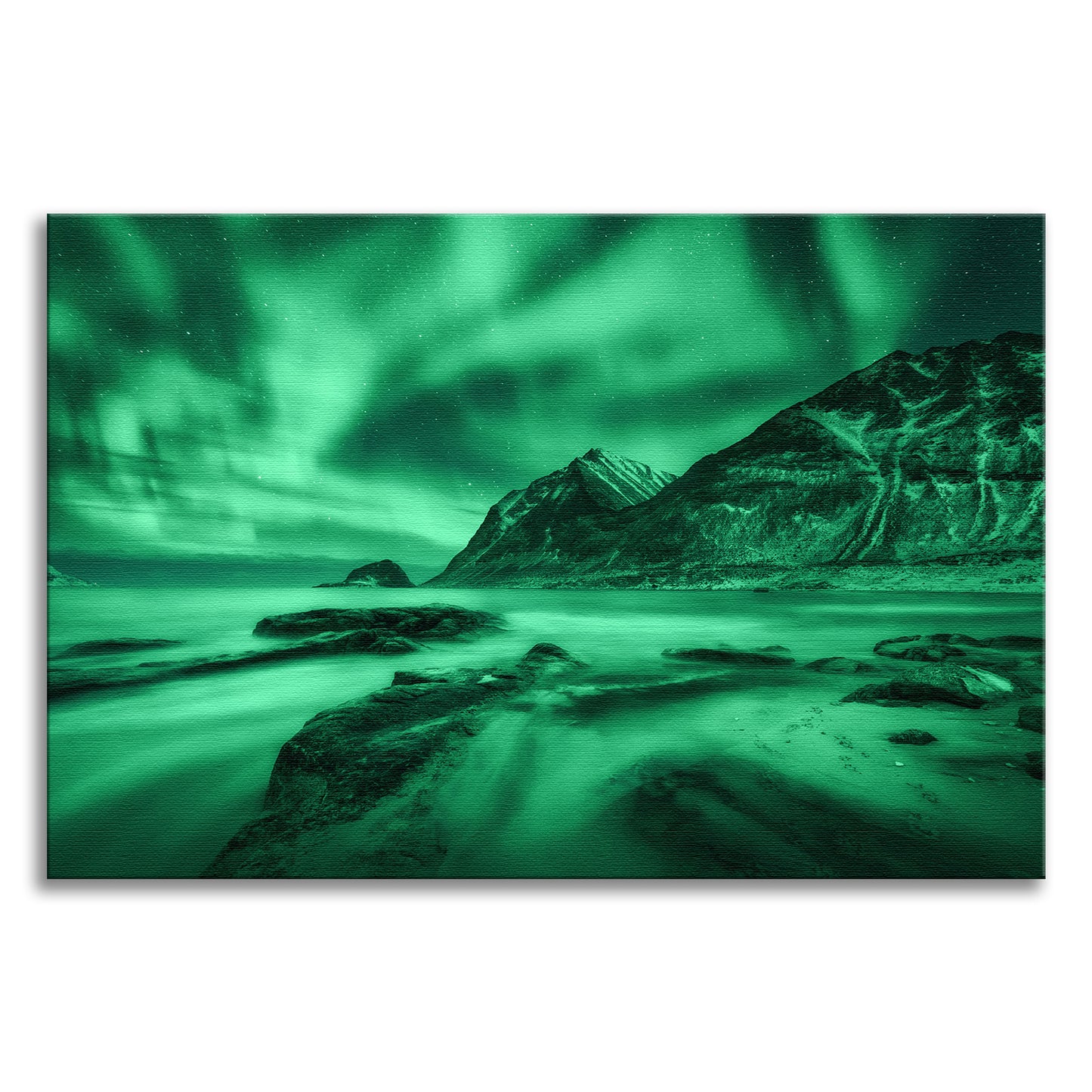 Green Northern Lights and Mountain Coast Lofoten islands, Norway Landscape Photo Canvas Wall Art Prints