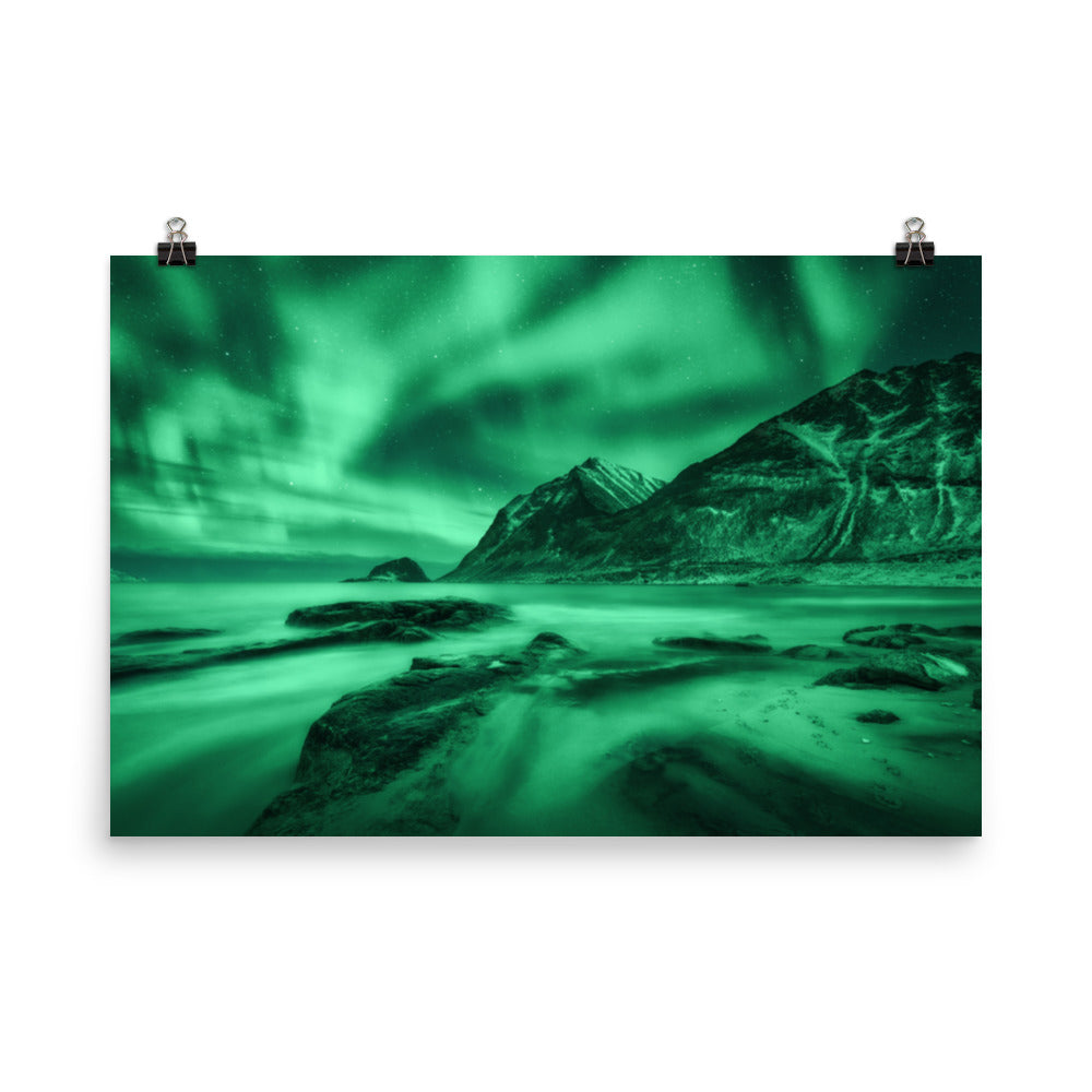 Green Northern Lights and Mountain Coast Landscape Photo Loose Wall Art Prints