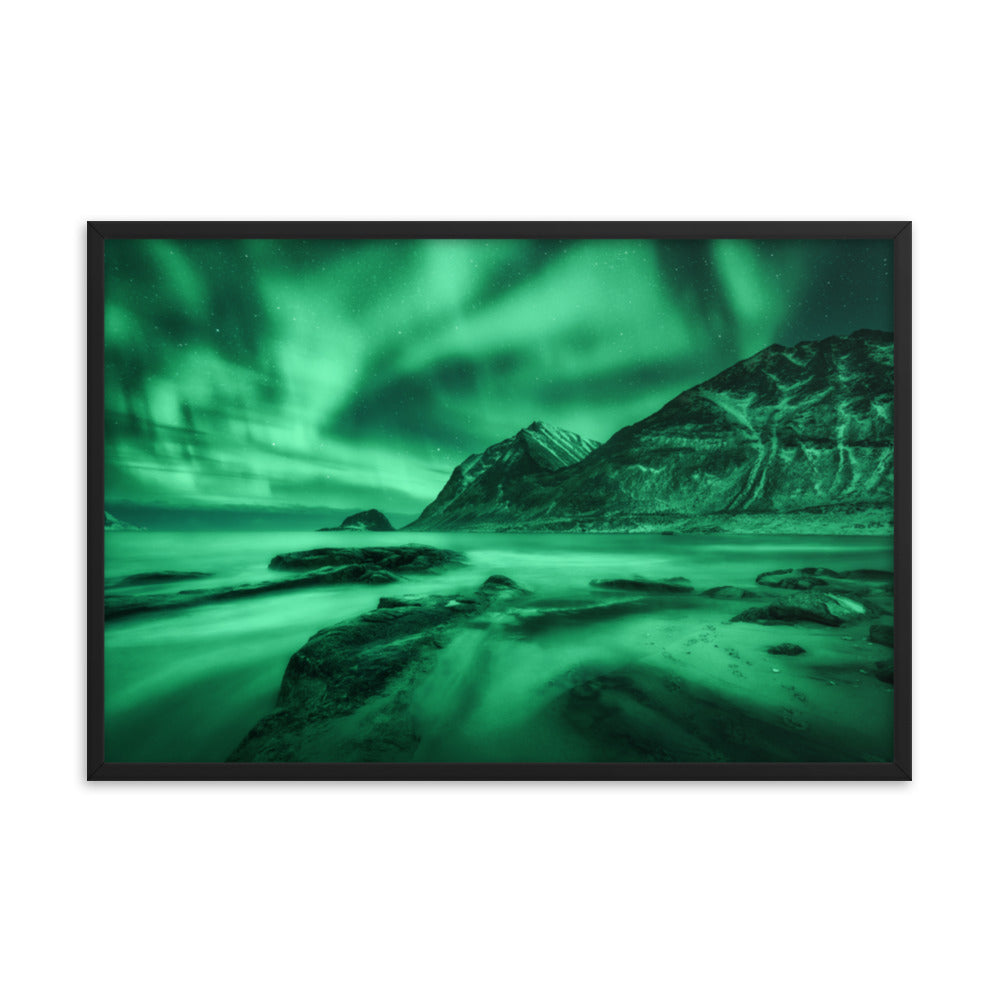 Green Northern Lights and Mountain Coast Framed Wall Art Prints