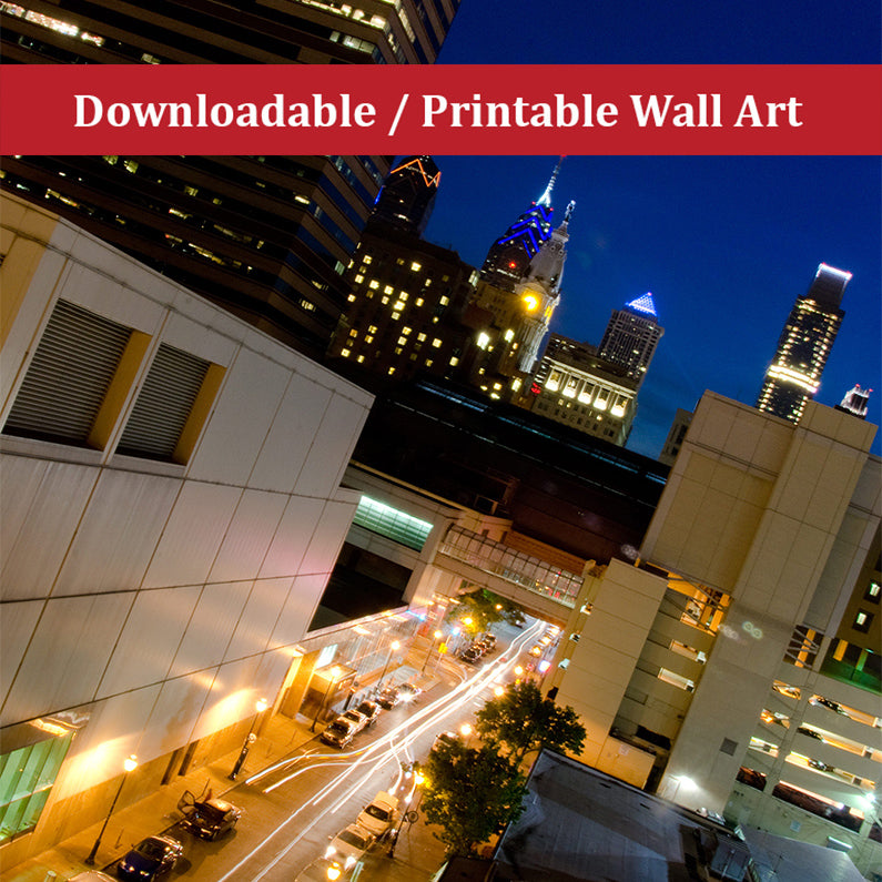 Light Trails in Philly Urban Night Landscape Photo DIY Wall Decor Instant Download Print - Printable - PIPAFINEART