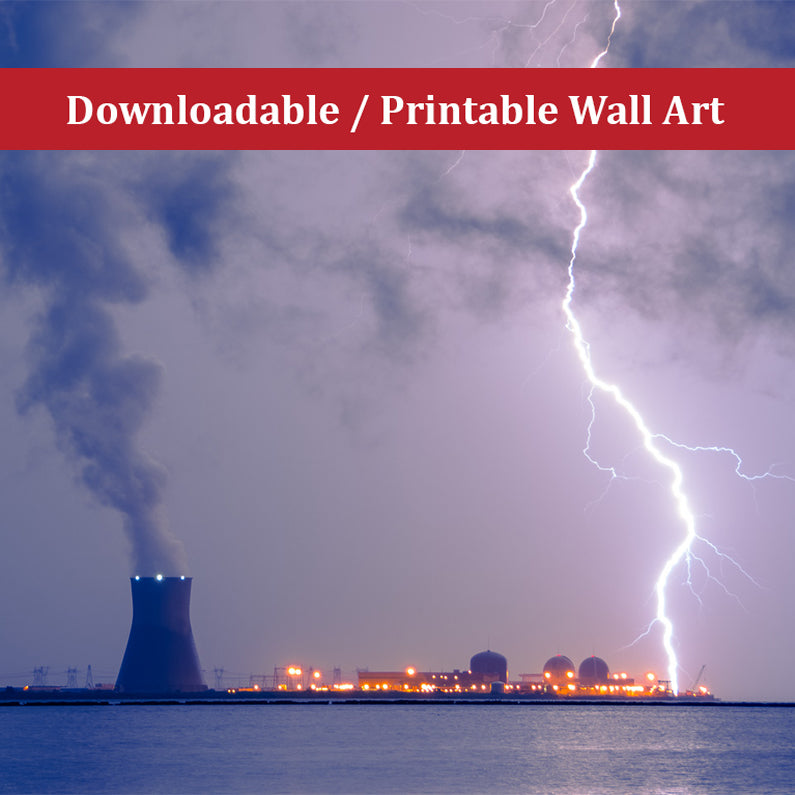 Lightning and Salem Power Plant 2 Urban Night Landscape Photo DIY Wall Decor Instant Download Print - Printable - PIPAFINEART