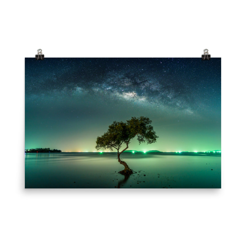 Glowing Milky Way Galaxy with Tree Landscape Photo Loose Wall Art Prints