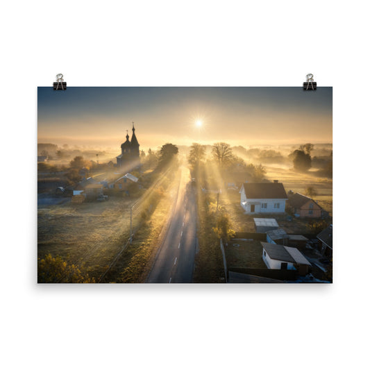 Misty Rural Town Sunrise in Autumn with Glory Rays Rustic Farmhouse Style Landscape Photo Loose Wall Art Prints