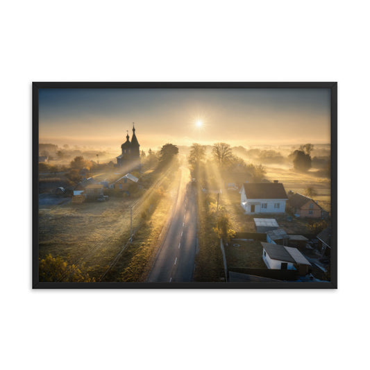 Misty Rural Town Sunrise in Autumn with Glory Rays Framed Wall Art Prints