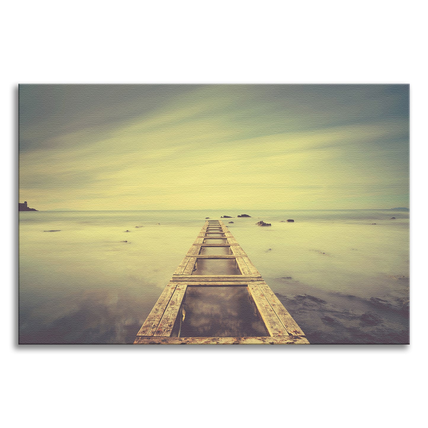 Moody Ocean and Sky Wooden Pier With Intrigued Trance Effects Canvas Wall Art Prints