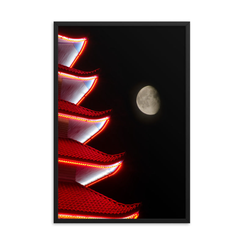 Moon Over Pagoda 1 Urban Photo Framed Wall Art Print - PIPAFINEART