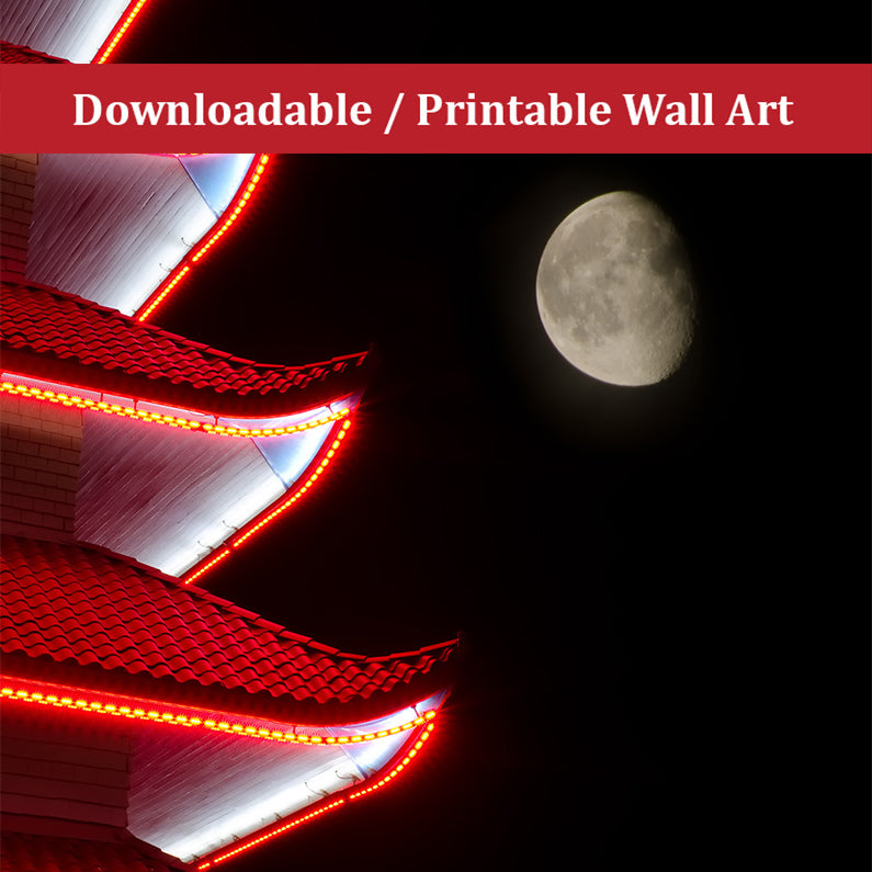 Moon over Pagoda 1 Urban Night Landscape Photo DIY Wall Decor Instant Download Print - Printable - PIPAFINEART
