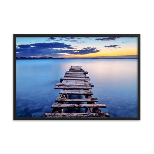 Old Weathered Lake Pier at Sunset Framed Wall Art Print