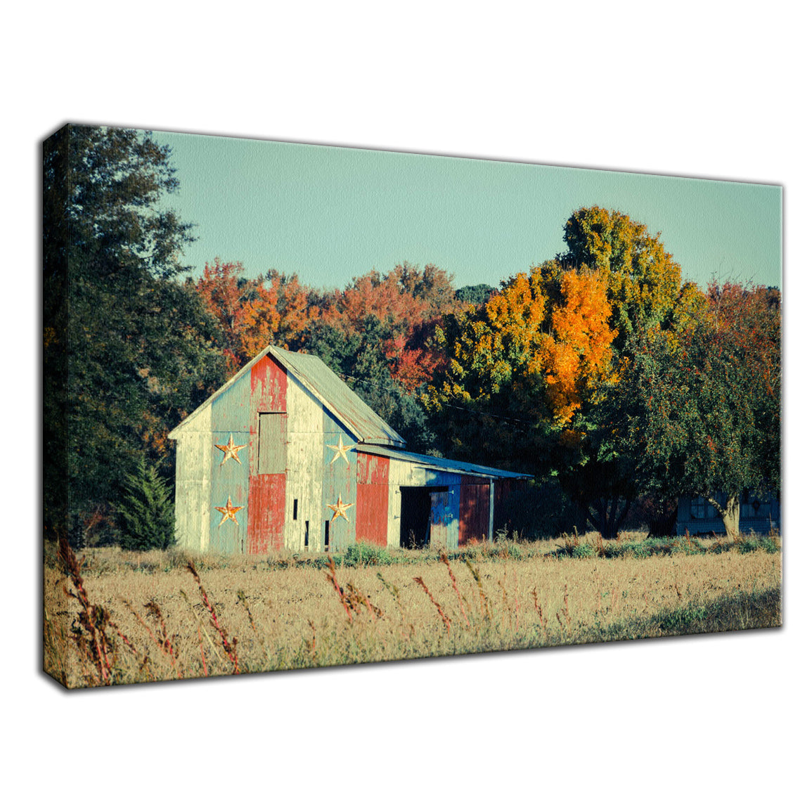 Patriotic Weathered Barn in Field Cross Processed Fine Art Canvas Wall Art Prints - PIPAFINEART