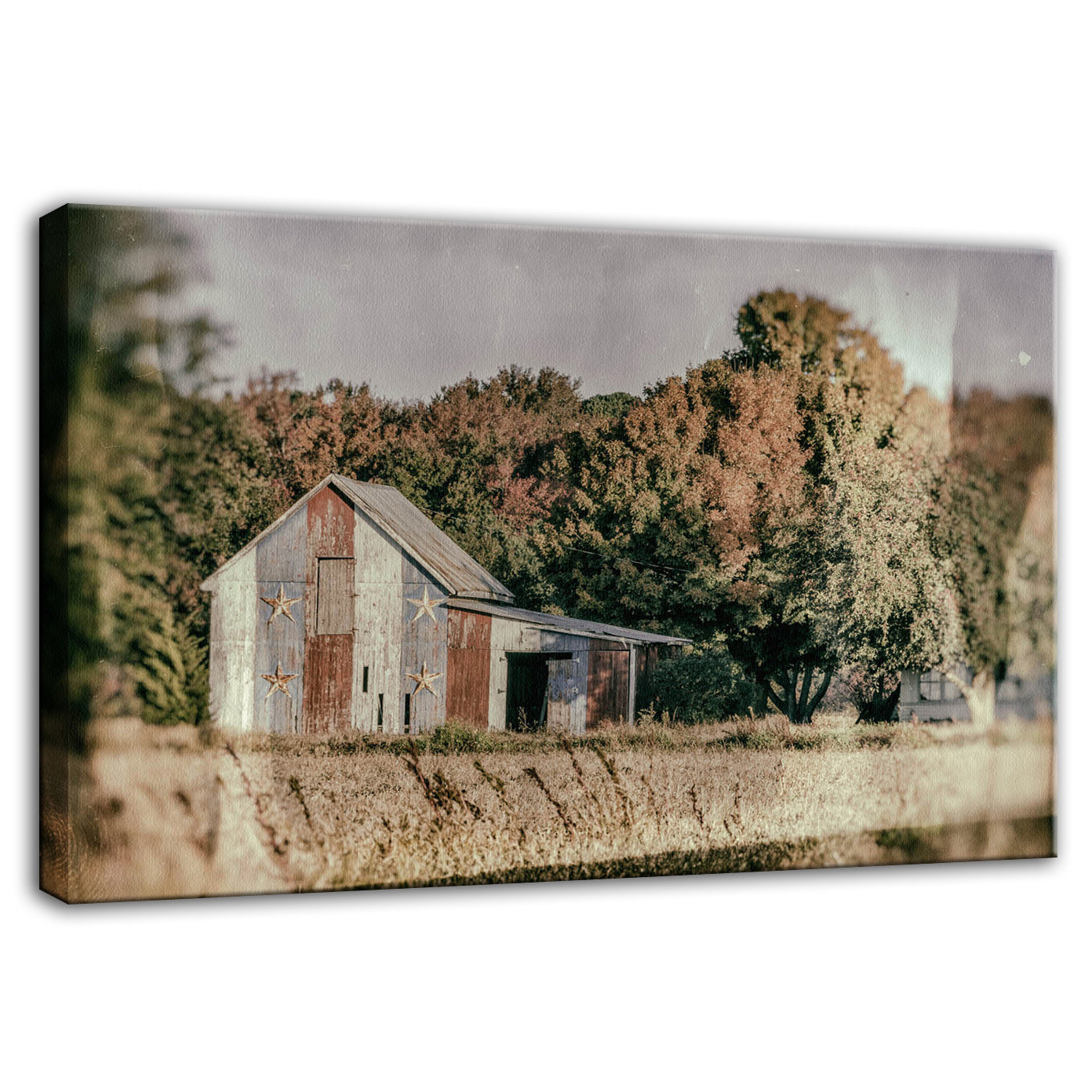 Patriotic Weathered Barn in Field Glass Plate Effect Fine Art Canvas Wall Art Prints  - PIPAFINEART