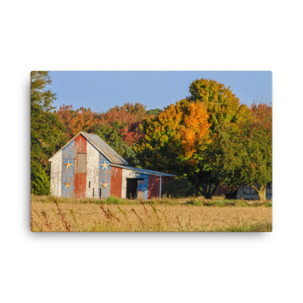 Patriotic Barn in Field Color Rural Landscape Photograph Canvas Wall Art Prints