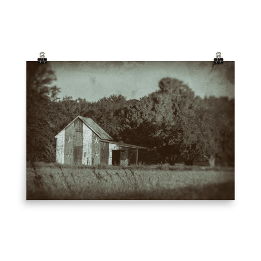 Patriotic Barn in Field Vintage Black and White Landscape Photo Loose Wall Art Prints - PIPAFINEART
