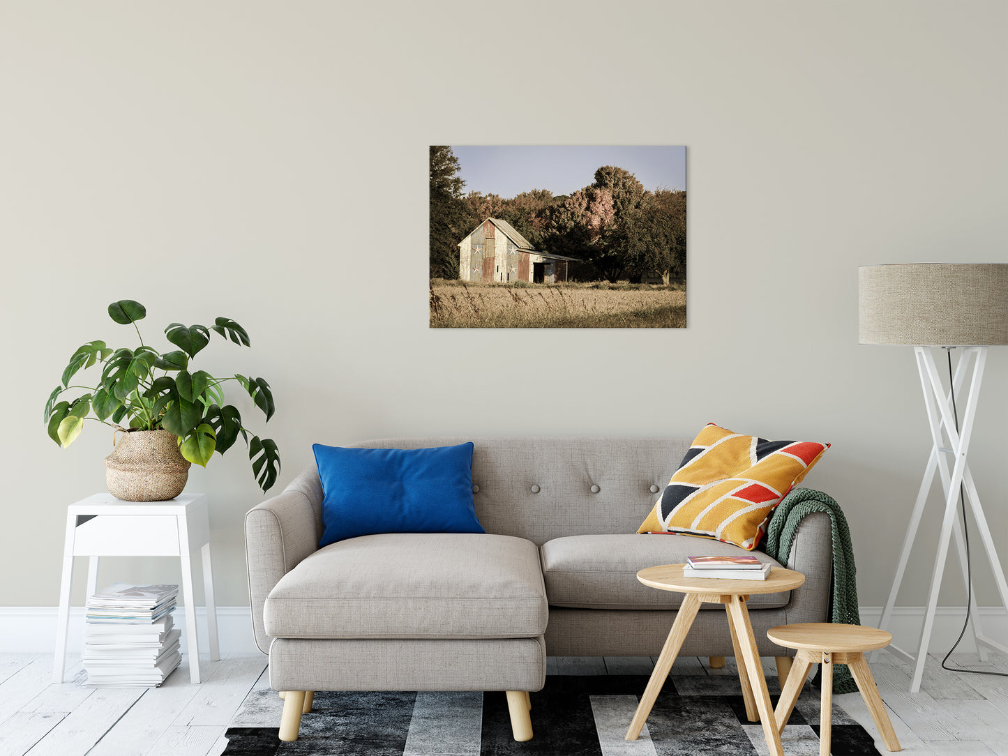 Patriotic Barn in Field Aged Effect Fine Art Canvas Wall Art Prints 24" x 36" - PIPAFINEART