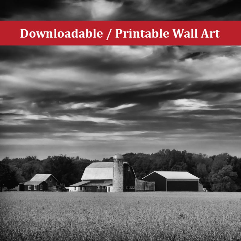 Red Barn in Golden Field Black and White Landscape Photo DIY Wall Decor Instant Download Print - Printable - PIPAFINEART