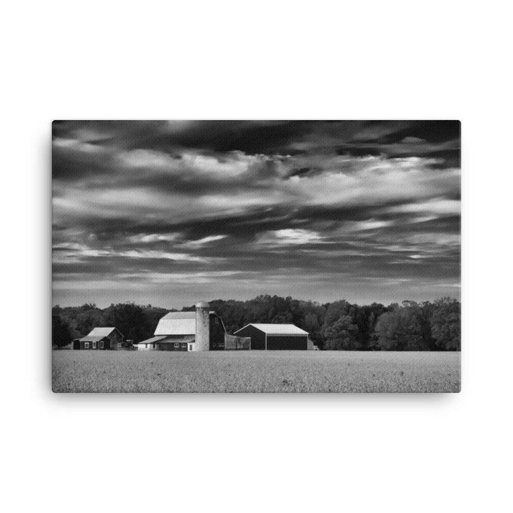 Barn in Field Black and White Rural Landscape Canvas Wall Art Prints
