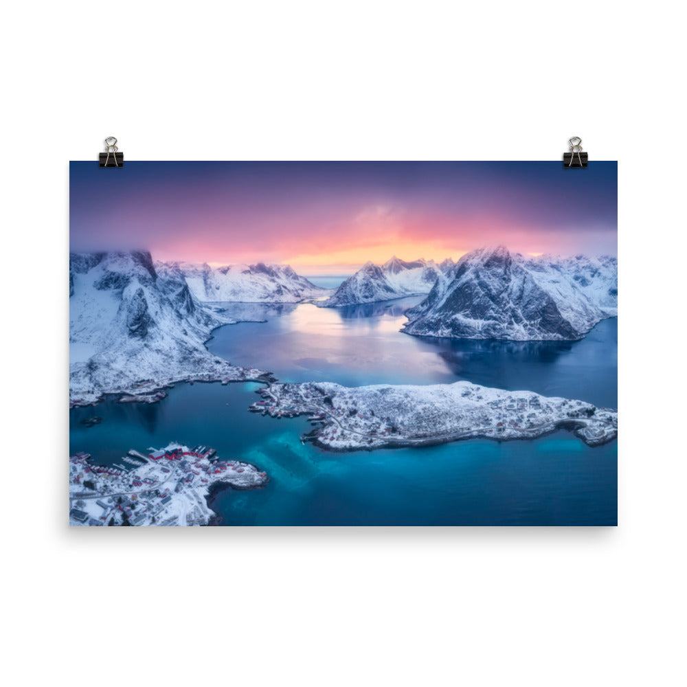 Reine at Winter Sunset Icy Mountain Landscape Photo Loose Wall Art Prints