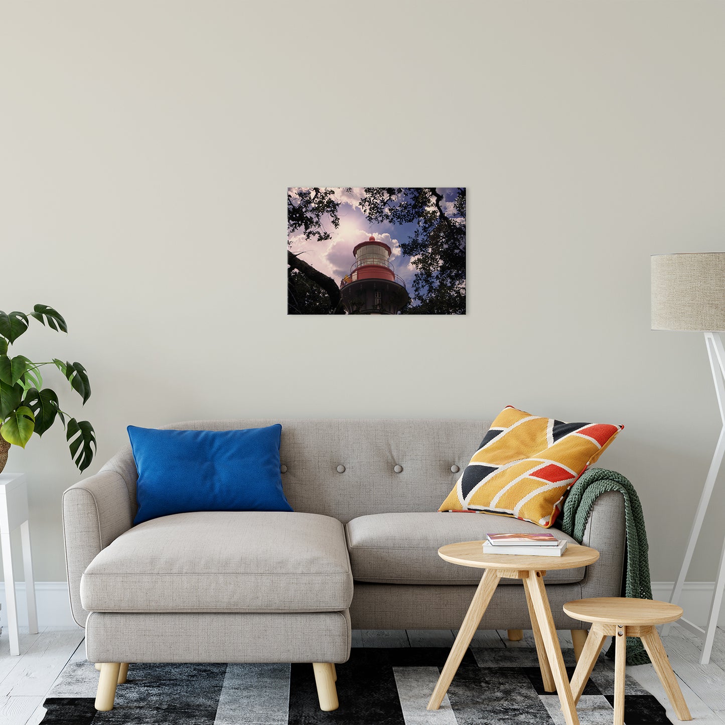 Beach Themed Canvas Wall Art: Saint Augustine Lighthouse and Tree Branches Urban Building Photograph Fine Art Canvas Wall Art Print