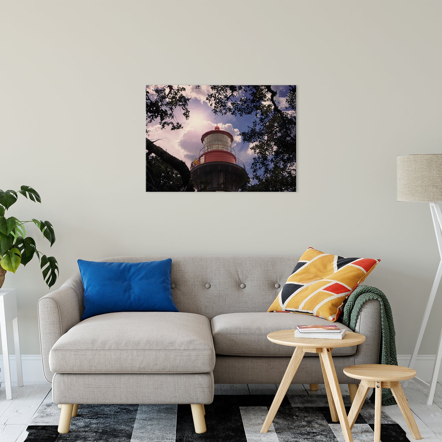 Beach View Wall Art: Saint Augustine Lighthouse and Tree Branches Urban Building Photograph Fine Art Canvas Wall Art Print