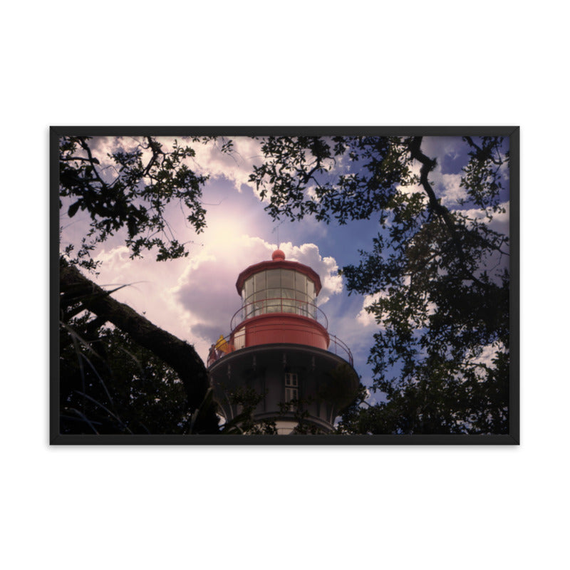 Beach Themed Framed Art: Saint Augustine Lighthouse and Tree Branches Urban Building Photograph Framed Wall Art Prints