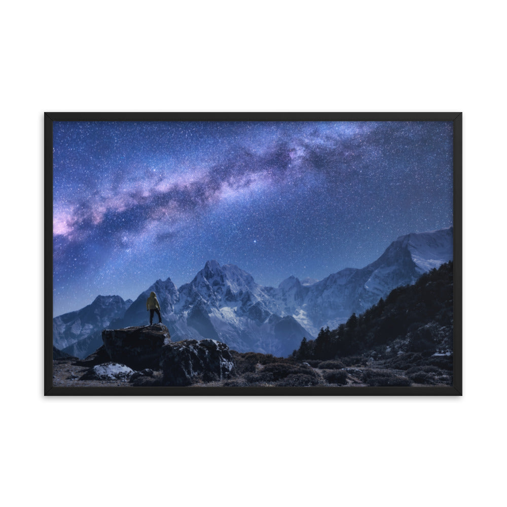 Stone Mountains and Milky Way Night Landscape Photo Framed Wall Art Print