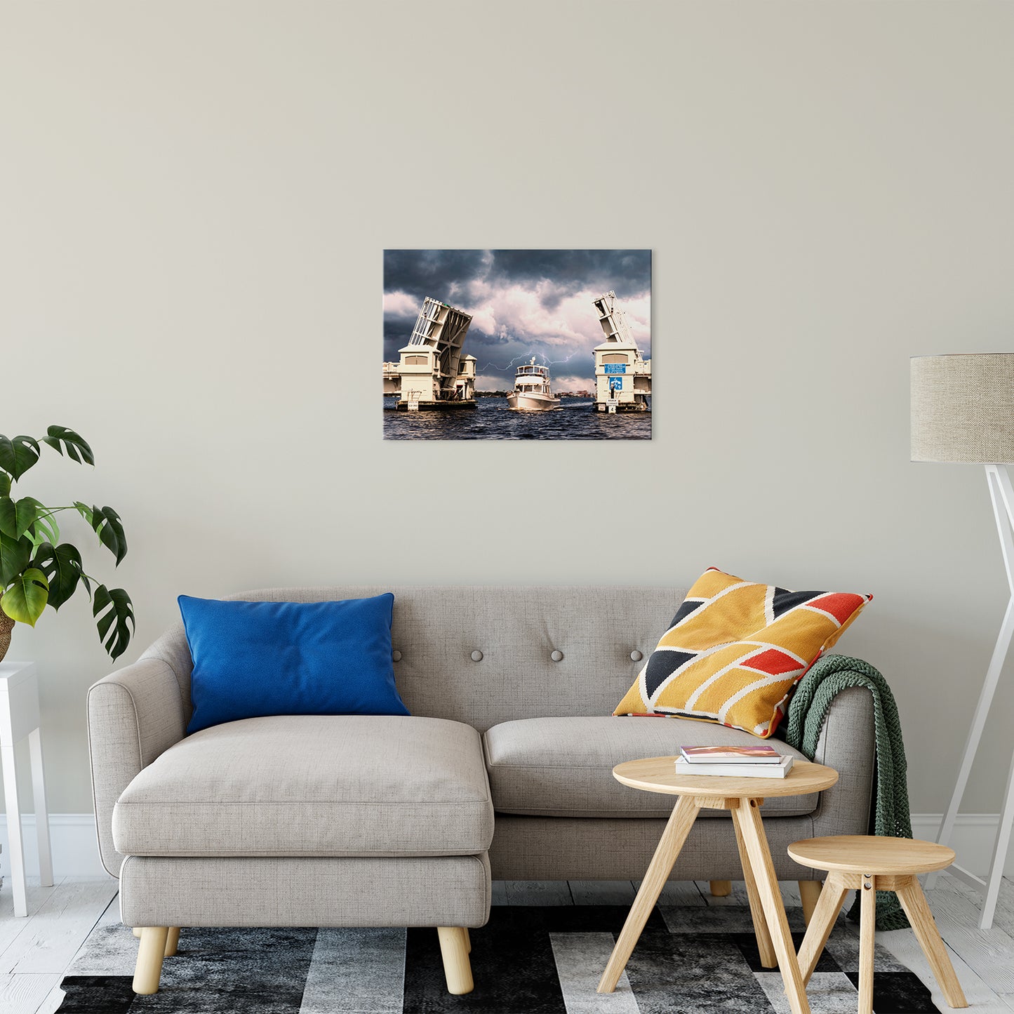 Coastal Living Wall Art: Stormy Drawbridge and Boat Racing Towards the Sun Coastal Urban Landscape Photo Fine Art Canvas Wall Art Print