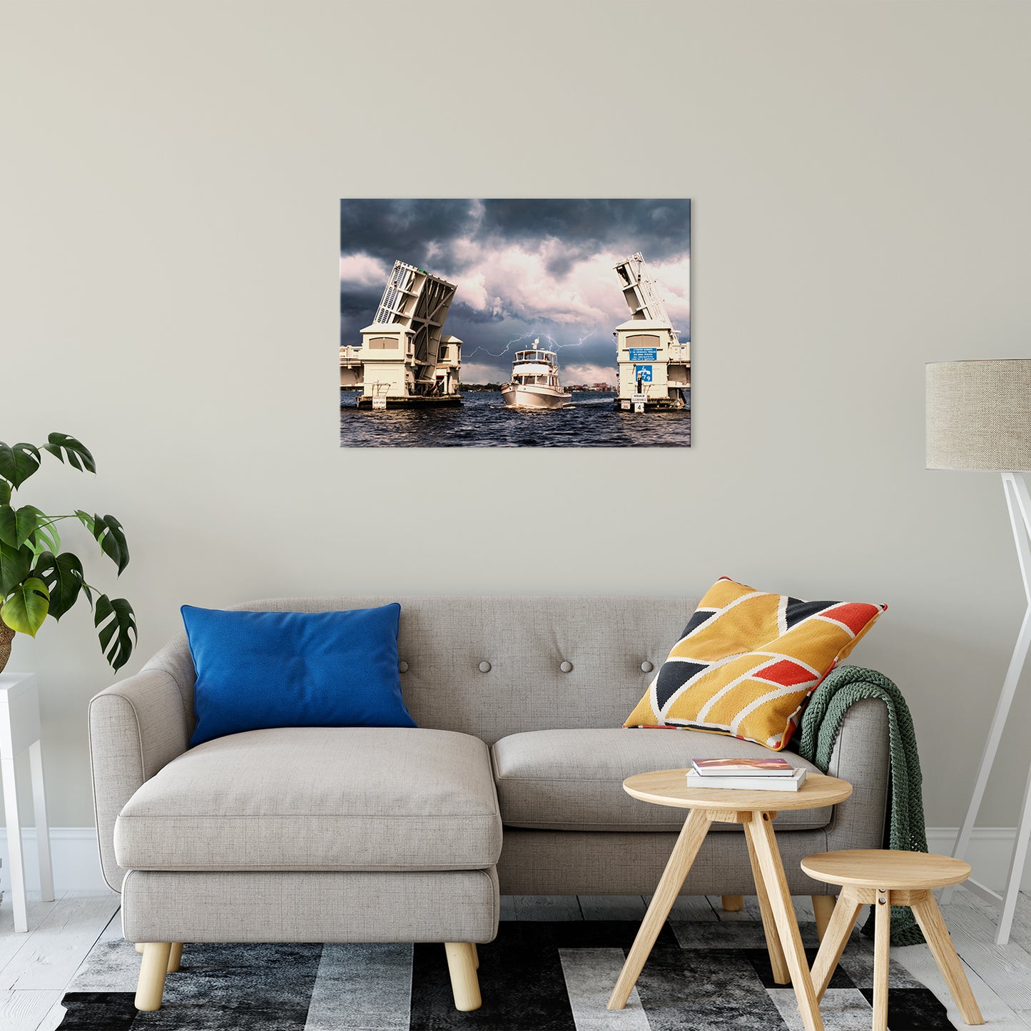 Large Coastal Canvas: Stormy Drawbridge and Boat Racing Towards the Sun Coastal Urban Landscape Photo Fine Art Canvas Wall Art Print