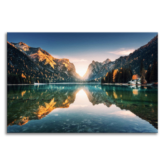Sunrise Misty Mountain Lake Lively Color Effect Landscape Photo Canvas Wall Art Prints