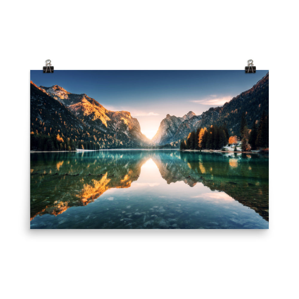 Sunrise Misty Mountain Lake Lively Color Effect Rustic Farmhouse Style Landscape Photo Loose Wall Art Prints