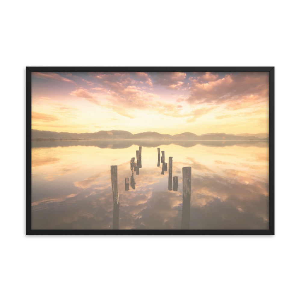Sunset Pillars and Reflections on Lake Framed Wall Art Print