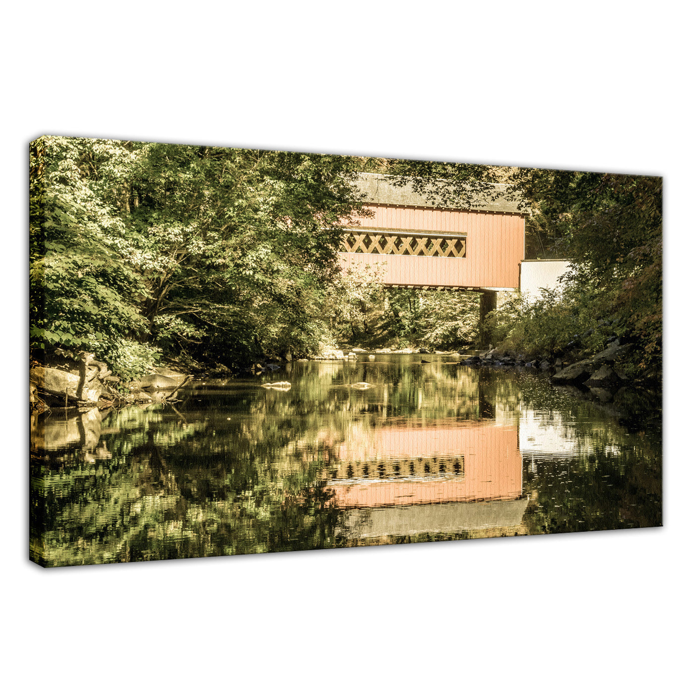 The Reflections of Wooddale Covered Bridge Aged Fine Art Canvas Wall Art Prints - PIPAFINEART