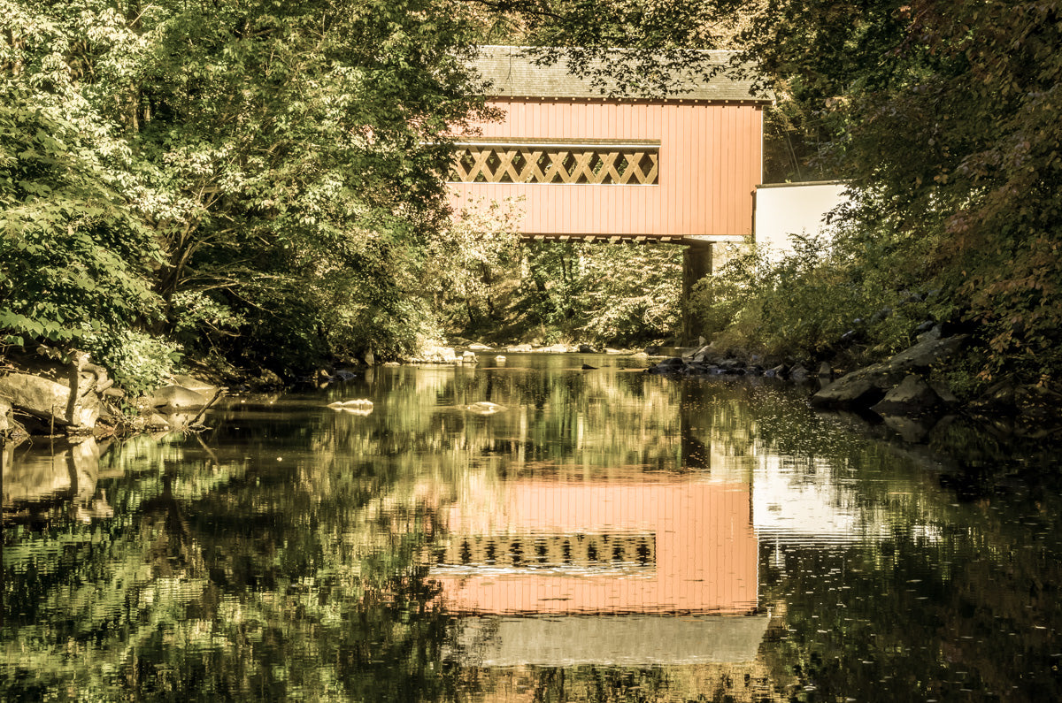 The Reflection of Wooddale Covered Bridge Aged Landscape Photo DIY Wall Decor Instant Download Print - Printable - PIPAFINEART
