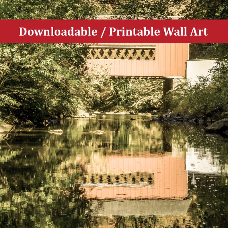 The Reflection of Wooddale Covered Bridge Aged Landscape Photo DIY Wall Decor Instant Download Print - Printable - PIPAFINEART