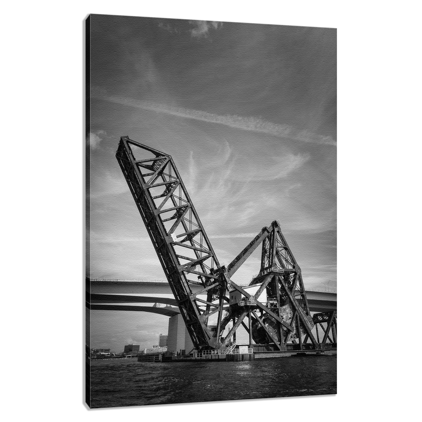 Bridge Canvas Wall Art: Train Drawbridge Jacksonville 2 Black and White Urban Landscape Photo Fine Art Canvas Wall Art Print