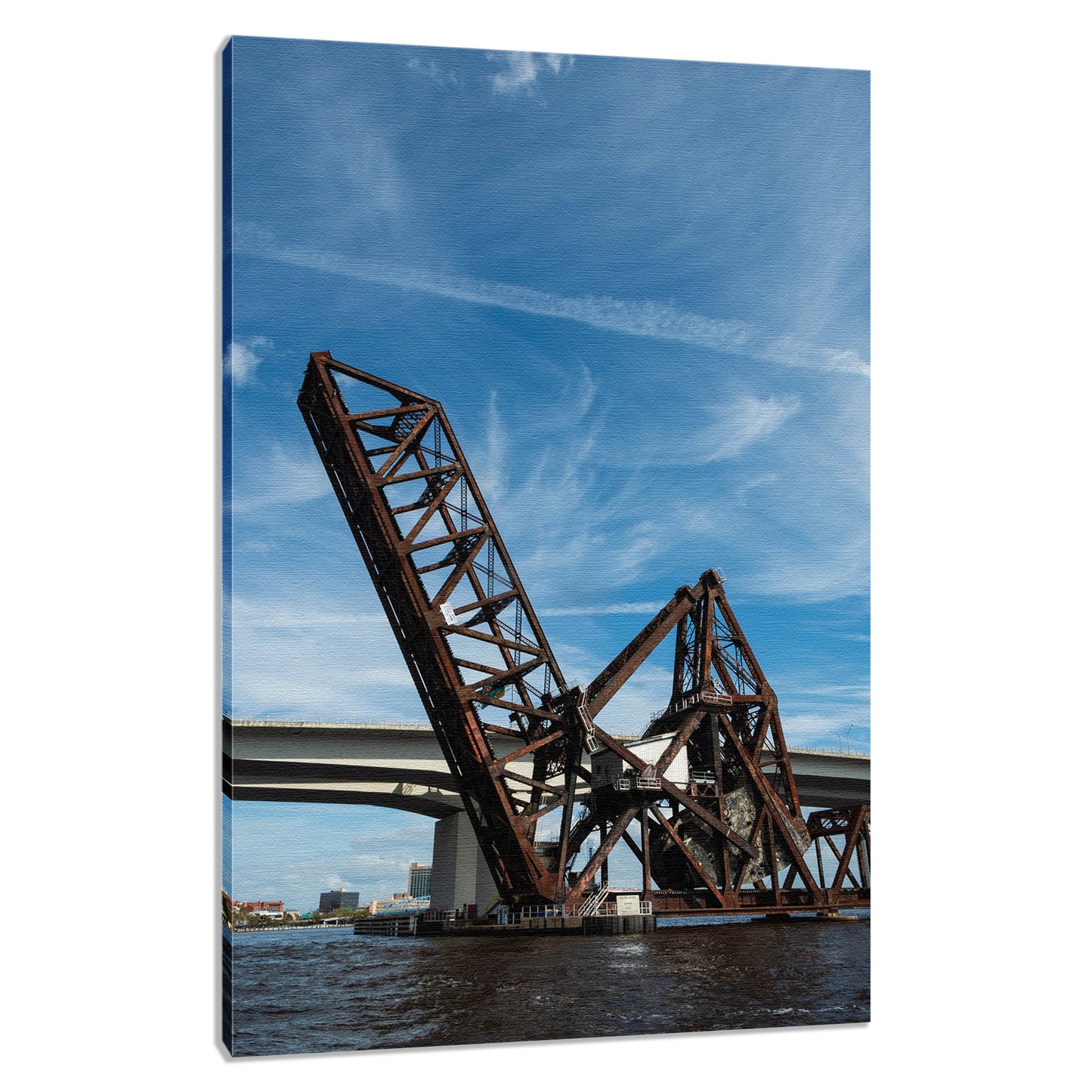 Urban Wall Prints: Train Drawbridge Jacksonville 3 Color Urban Landscape Photo Fine Art Canvas Wall Art Print
