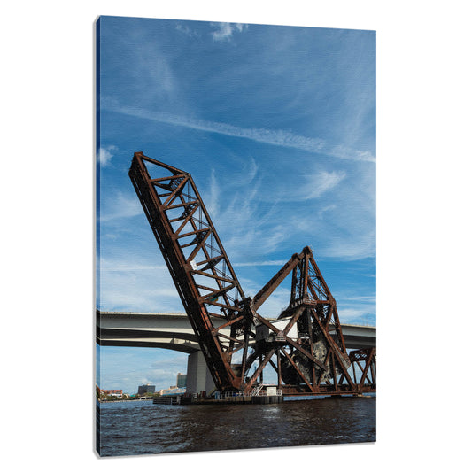 Urban Wall Prints: Train Drawbridge Jacksonville 3 Color Urban Landscape Photo Fine Art Canvas Wall Art Print