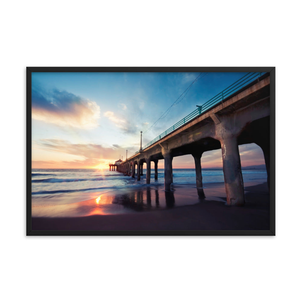 Tranquil Manhattan Beach Pier at Sunset Coastal Landscape Photo Framed Wall Art Prints