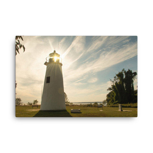 Turkey Point Lighthouse with Sun Flare Horizontal Canvas Wall Art Prints