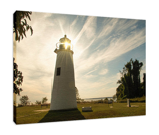 Turkey Point Lighthouse with Sun Flare Horizontal Landscape Fine Art Canvas Wall Art Prints  - PIPAFINEART