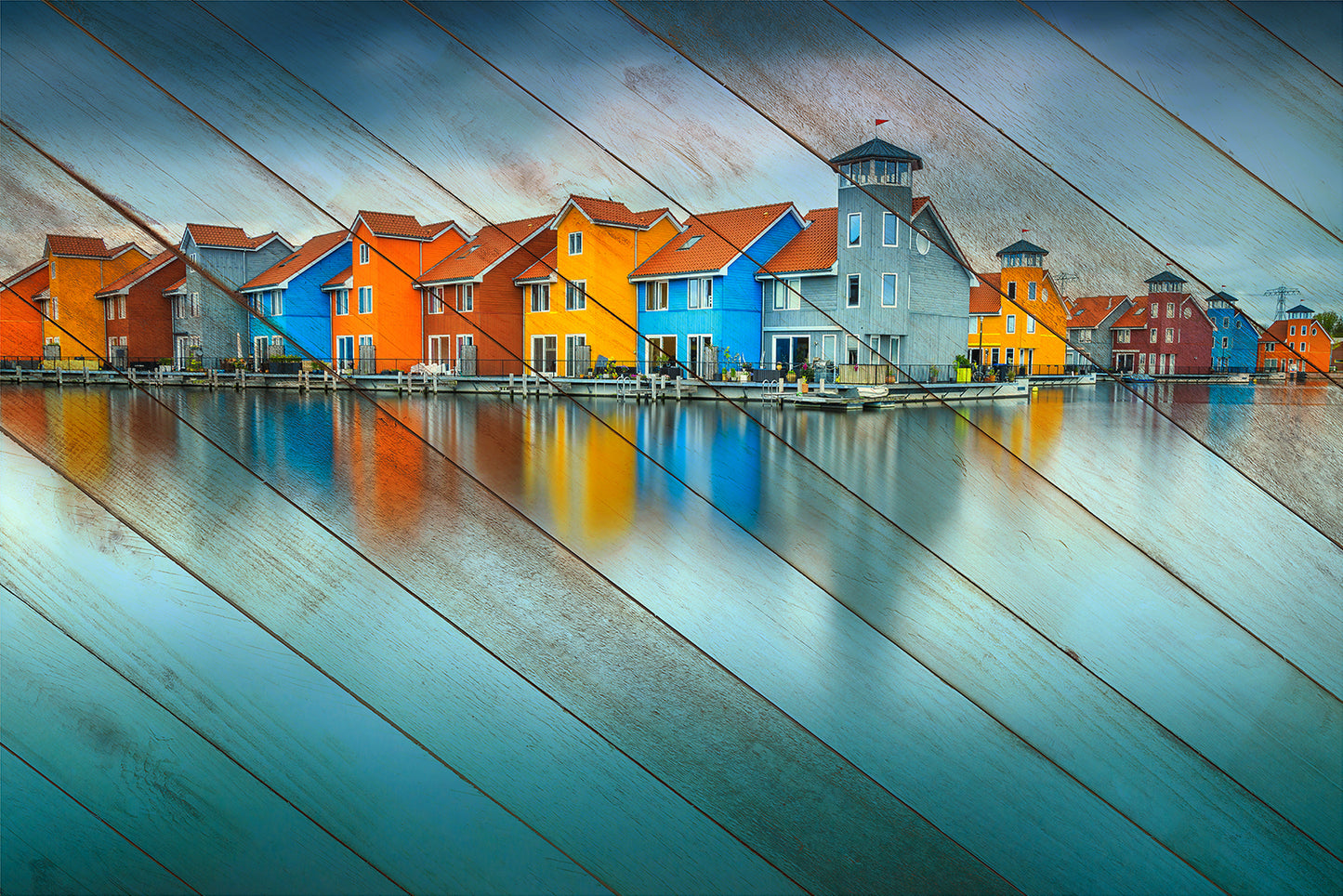 Faux Wood Blue Morning at Waters Edge Landscape Fine Art Canvas Wall Art Prints - PIPAFINEART