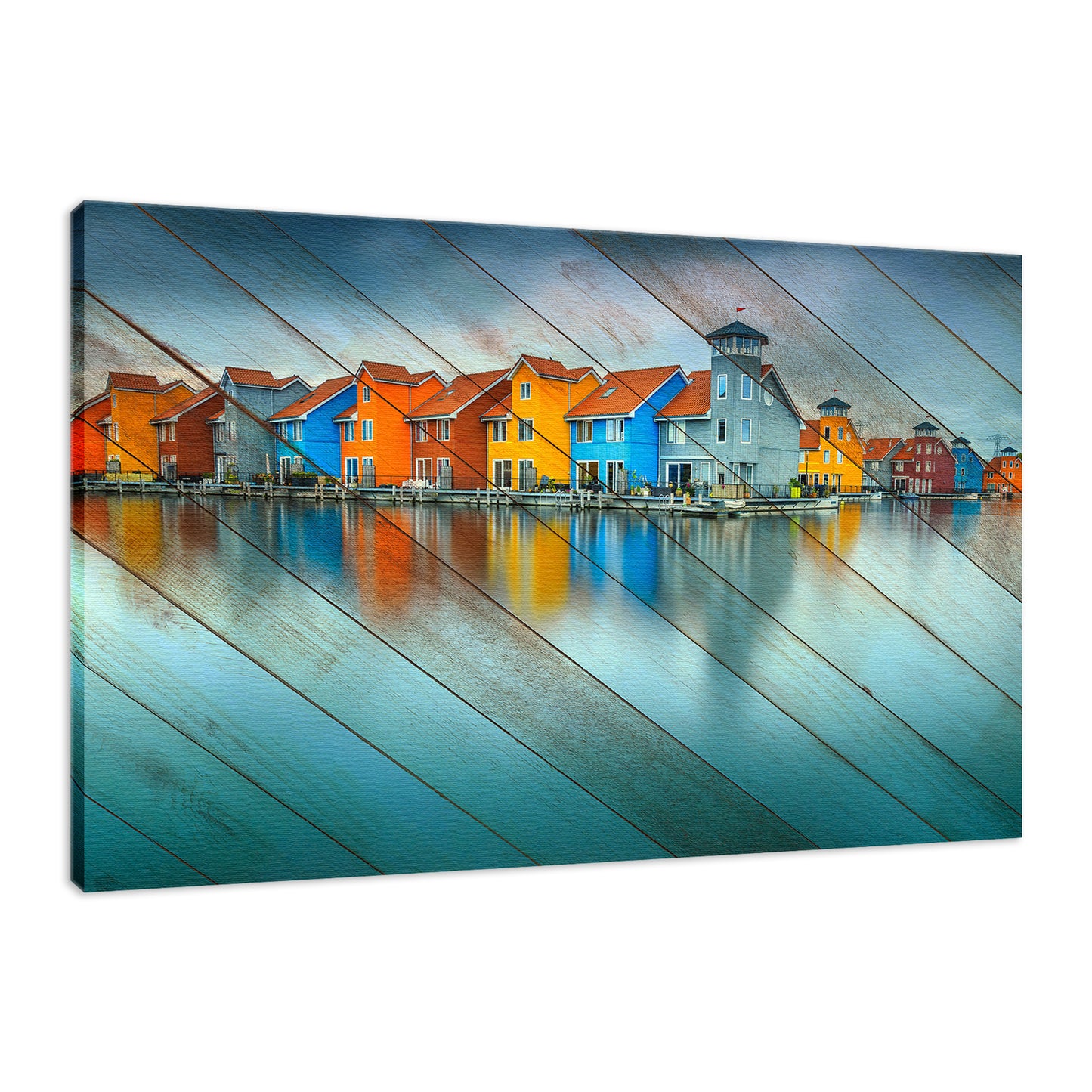 Faux Wood Blue Morning at Waters Edge Landscape Fine Art Canvas Wall Art Prints - PIPAFINEART