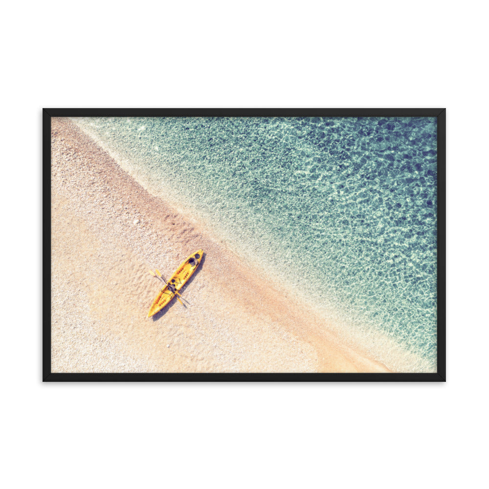 Yellow Canoe and Blue Sea by with Soft Violet Effect Framed Wall Art Prints