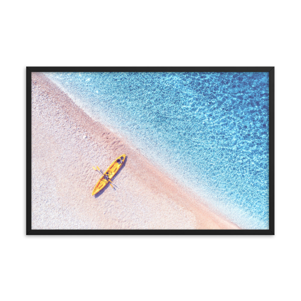 Yellow Canoe and Blue Sea with Violet Glow Effect Framed Wall Art Prints