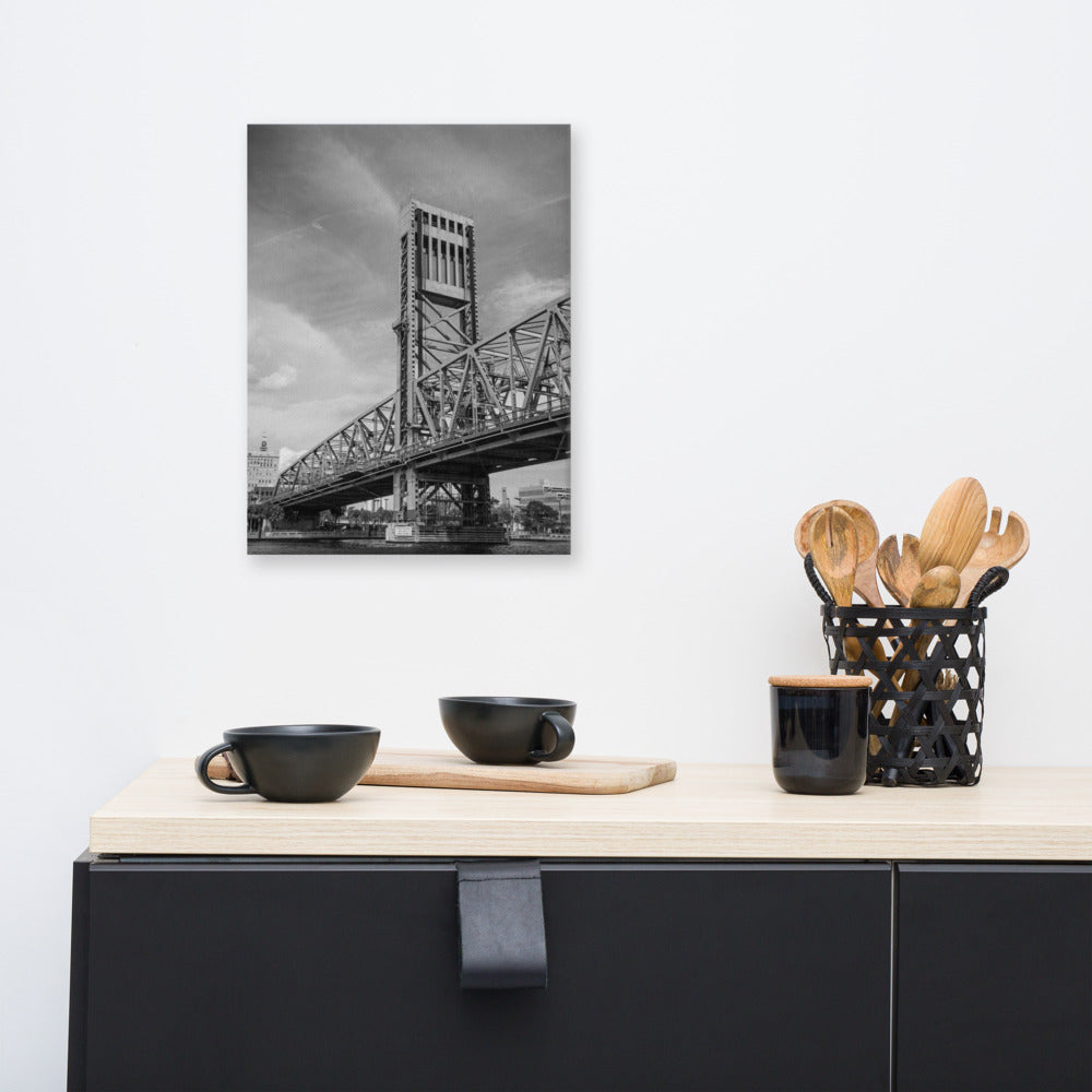 Urban Wall Art Canvas: Lift Bridge of Jacksonville Florida Black and White Urban Landscape Photo Canvas Wall Art Print