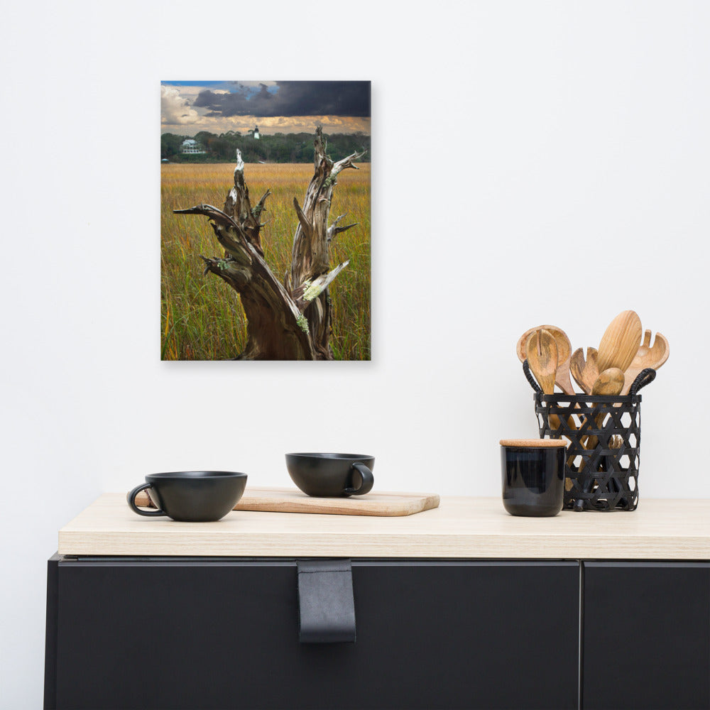 Coastal Marsh Wall Art: Dead Tree and Amelia Lighthouse Coastal Landscape Photo Canvas Wall Art Prints