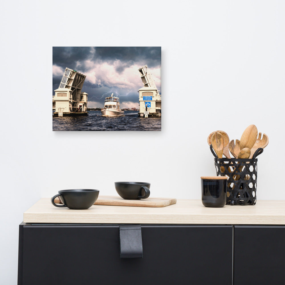 Beach Abstract Canvas Wall Art: Stormy Drawbridge and Boat Racing Towards the Sun Coastal Landscape Photograph Canvas Wall Art Print