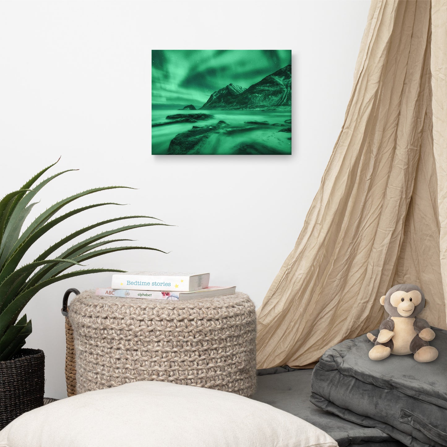 Green Northern Lights and Mountain Coast Lofoten islands, Norway Landscape Photo Canvas Wall Art Prints