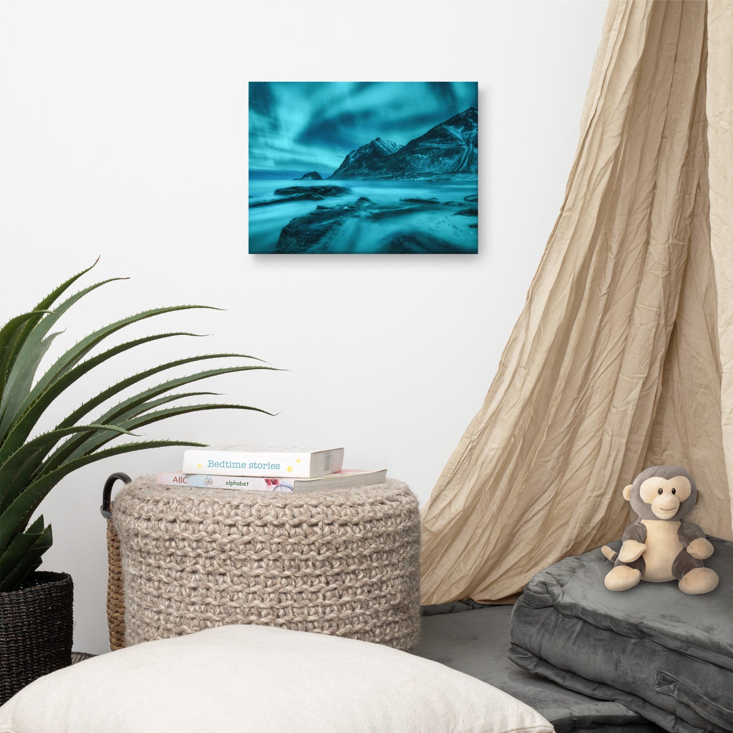 Blue Northern Lights and Mountain Coast Lofoten islands, Norway Landscape Photo Canvas Wall Art Prints