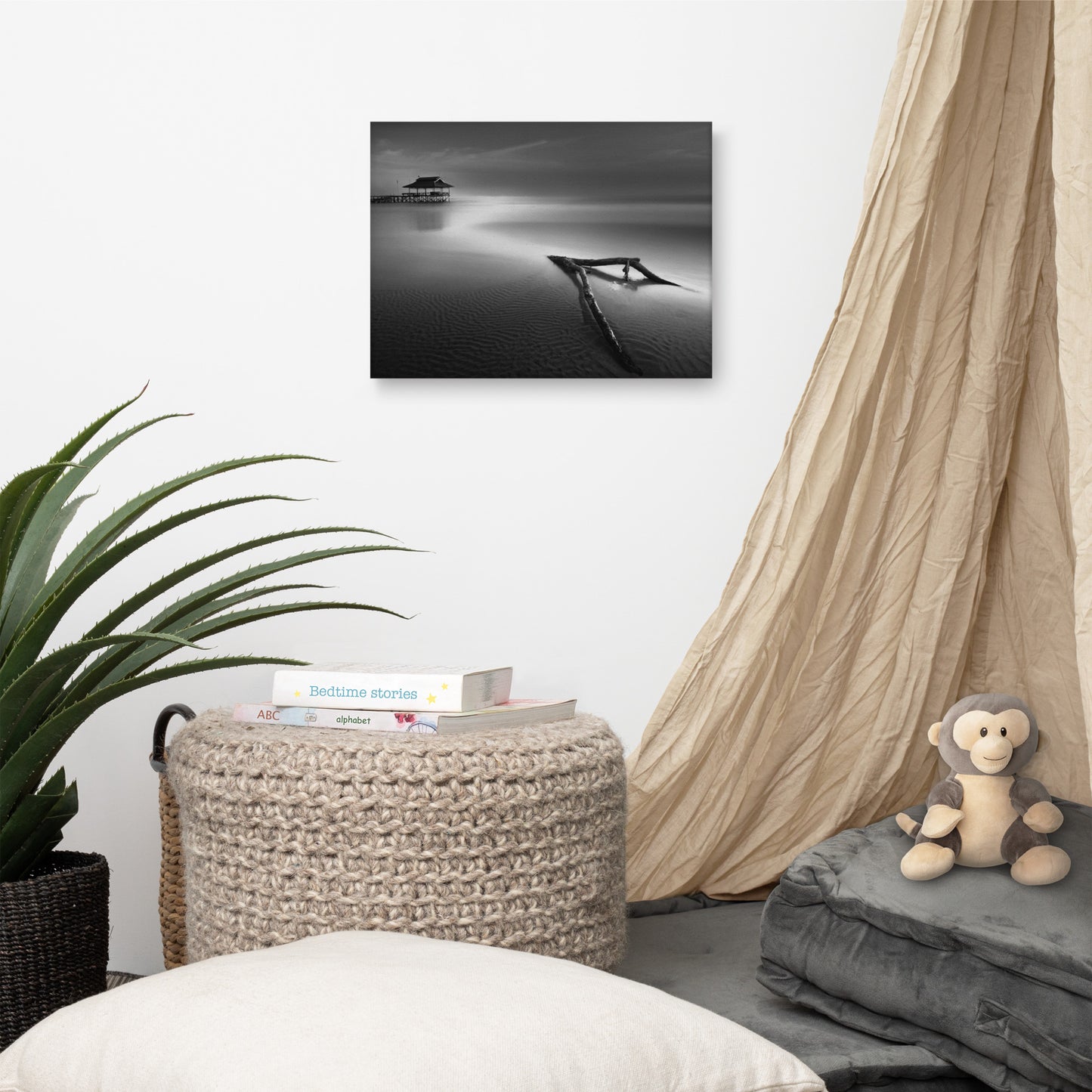 Dramatic Beach with Driftwood Black and White Coastal Landscape Photo Canvas Wall Art Prints