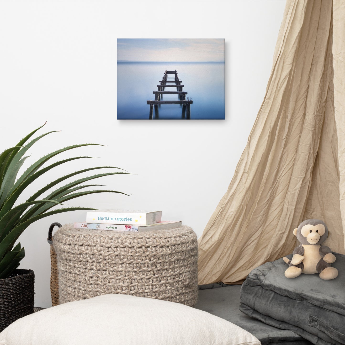 Soft Blue Lake and Abandoned Pier Landscape Photo Canvas Wall Art Prints